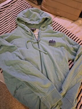 Patagonia Men's Mint Green Full-Zip Hoodie with Mountain Logo - Medium
